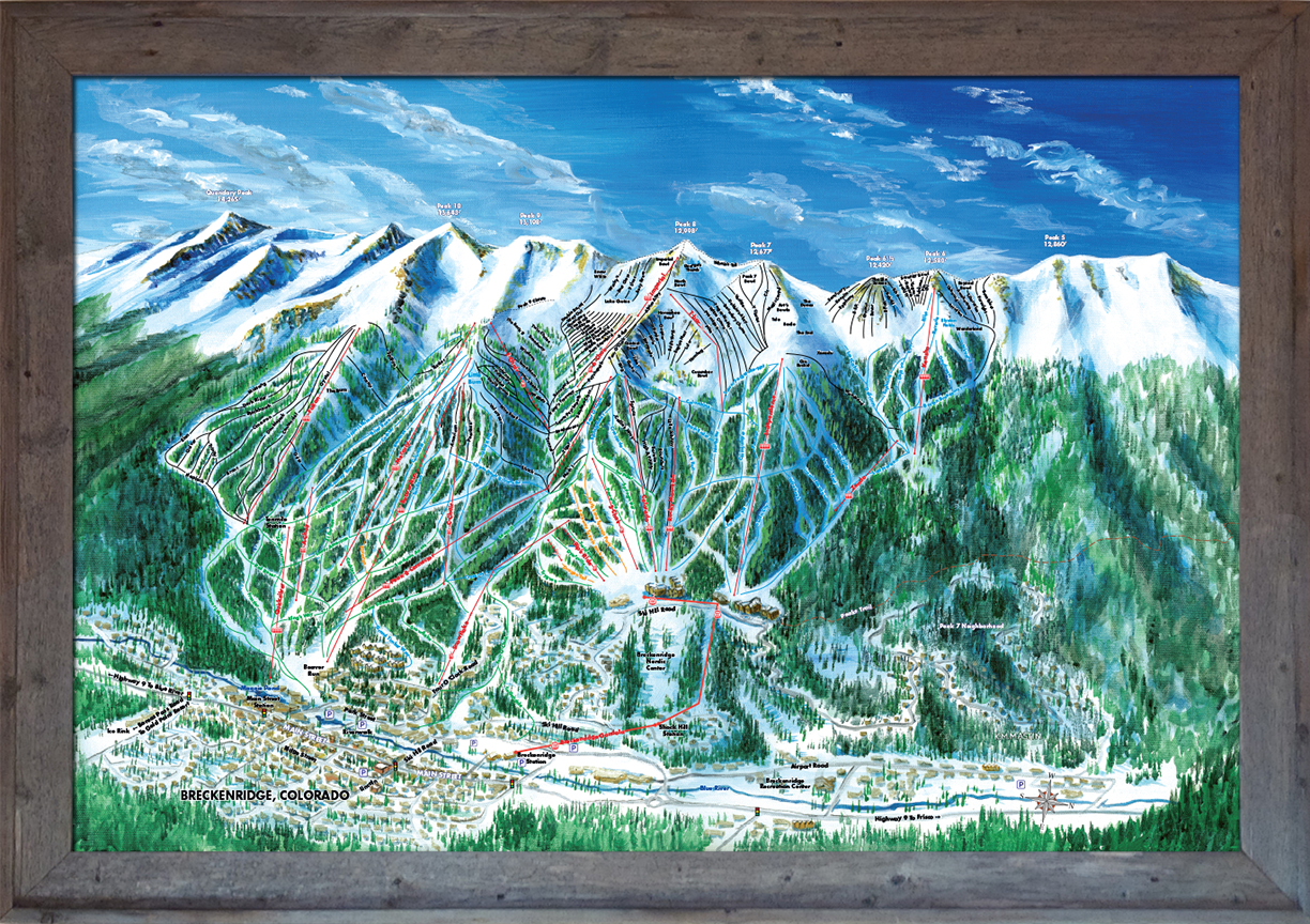 Breckenridge Trail Map in Barnwood Frame © Kevin Mastin Ski Trail Map Art by Kevin Mastin